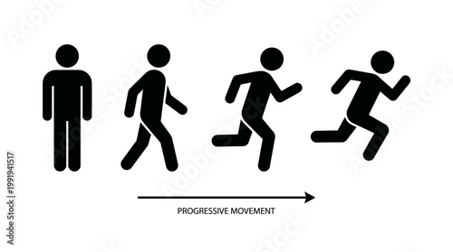 Progressive movement sequence: silhouettes transition from standing to walking to running with an arrow labeled progressive movement