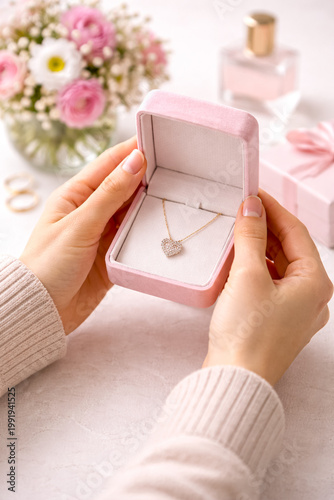 Close-up of hands opening jewelry box with necklace, Mother’s Day gift concept, soft natural light, elegant and minimal composition.