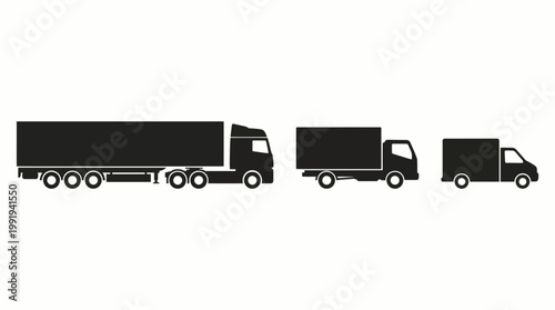 Row of three truck silhouettes in varying sizes representing freight, delivery and logistics vehicles