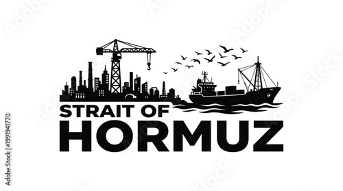 Vector graphic illustration of Strait of Hormuz Shipping Lane Vector Graphic, Black Icon, Industrial Port Vector