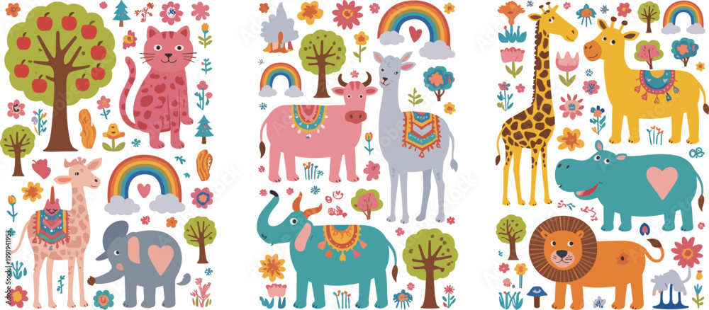 Fototapeta premium Cute cartoon farm animals and nature elements illustration