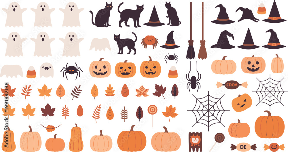 Fototapeta premium Halloween Icons Collection With Ghosts Cats Pumpkins And Spiders