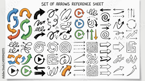Comprehensive set of arrows and directional icons reference sheet for UI/UX design, navigation, indicators, and graphic arrows in varied styles and sizes.
