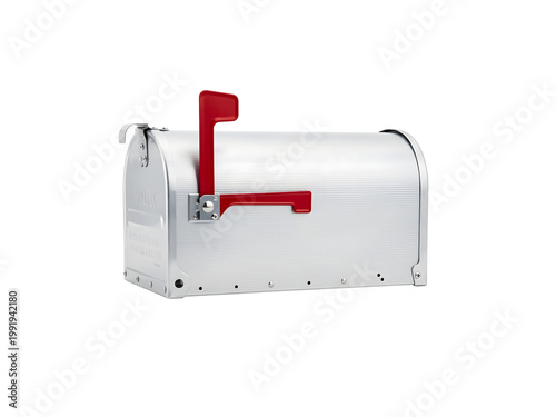 Classic metal mailbox with a raised red flag, isolated against a stark black background, symbolizing communication and delivery