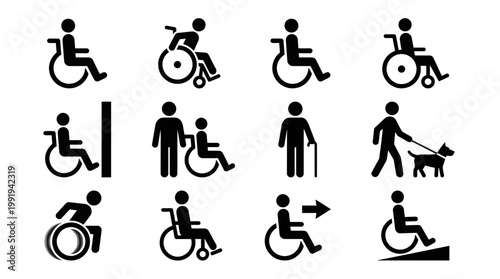 Comprehensive black vector icon set of accessibility and disability symbols, including wheelchair users, service dogs, and related pictograms