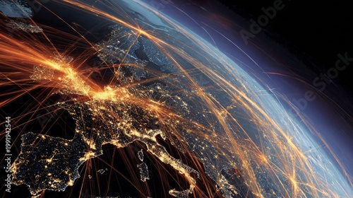 Aerial view of Europe at night, with glowing lines representing global connections, showcasing urban sprawl and a curved horizon