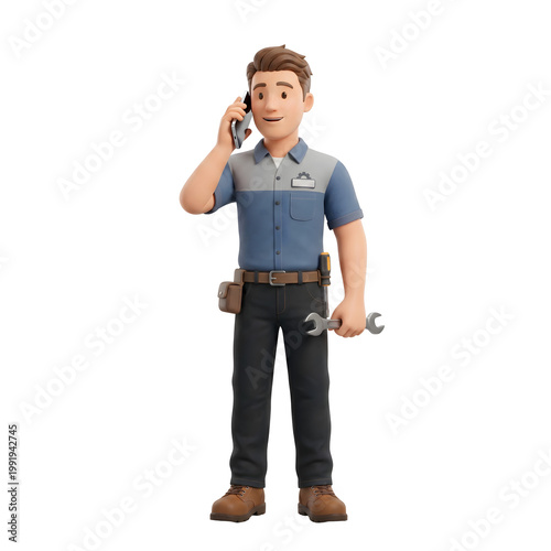 3D Animated Mechanic Character on Phone with Wrench, Professional Service Support, Customer Communication Scene