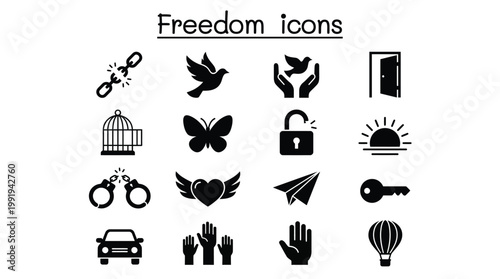Vector graphic illustration of Freedom icons set, black silhouette symbols, liberation concept, vector graphics Vector