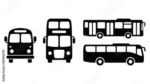 Silhouettes of public transportation vehicles: a vintage van, a double-decker bus, and a long city bus in black vector icons.