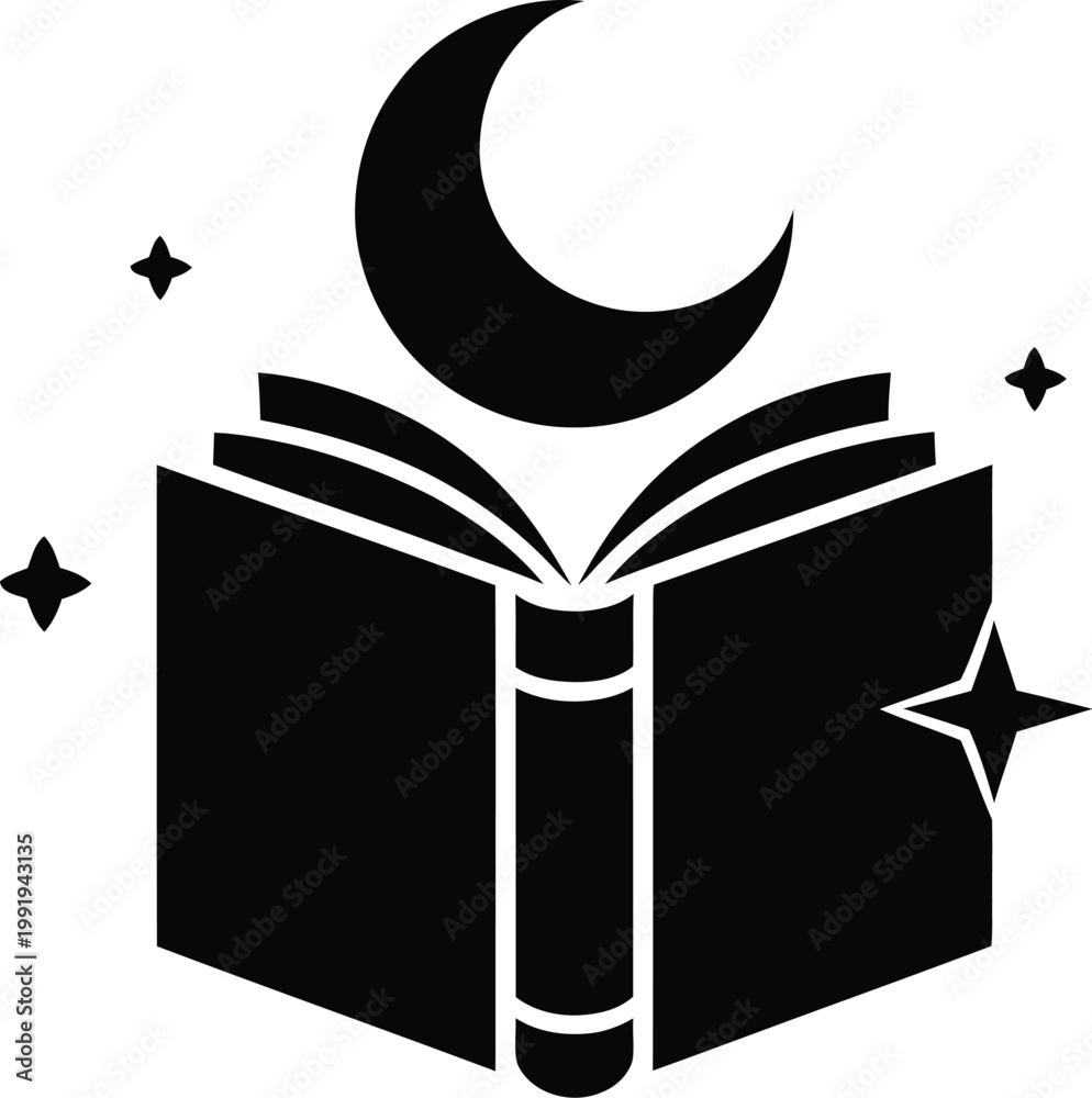 Fototapeta premium Black silhouette of an open book with a crescent moon and four-pointed stars above