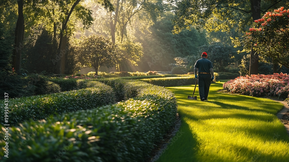 Fototapeta premium Focused Male Farmer Pruning Orange Trees in a Lush Sunlit Citrus Orchard 