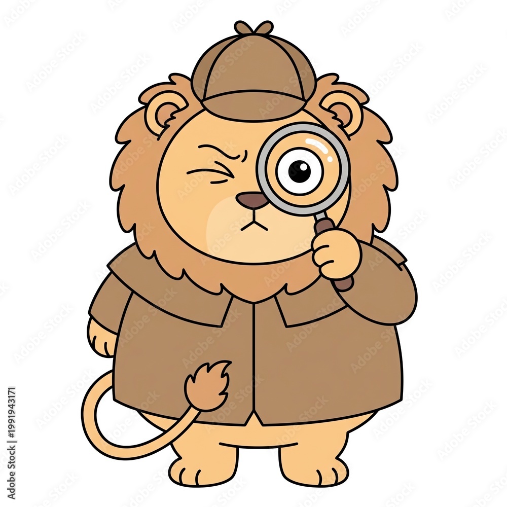 Obraz premium Cute Baby Lion Detective looking through Large Magnifying Glass at Footprint, Flat Vector Mascot Isolated on White Background
