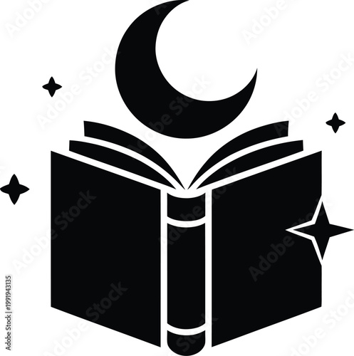 Black silhouette of an open book with a crescent moon and four-pointed stars above