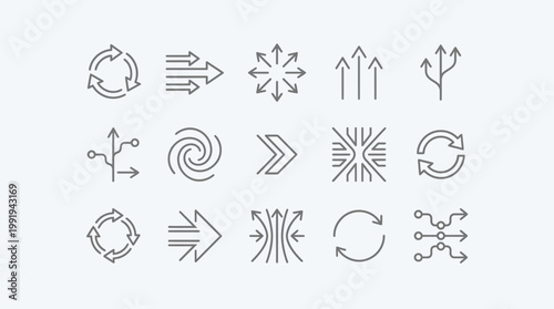 Icon set for process and workflow visuals featuring arrows, cycles, gears, and data flow for UI/UX design, infographics, and automation concepts.