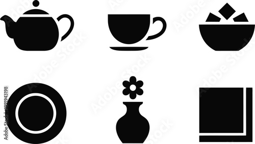 Black silhouette of tea set, sugar bowl, plate, flower vase, and napkin on white background