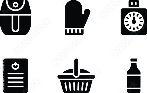 Set of six black kitchen and cooking featuring air fryer, oven mitt, and food basket