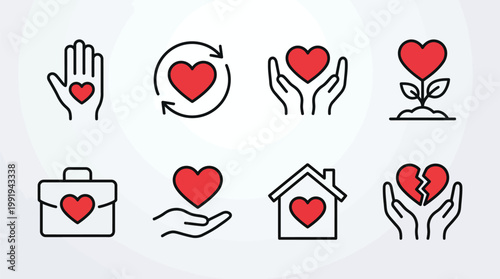 Vector graphic illustration of Heart icons set, red love symbols in line style, charity and care illustrations for web and design Vector
