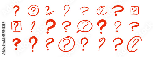 Hand drawn question mark doodle and exclamation icon sketched with brush strokes, perfect for FAQ design, quiz backdrop and interrogation symbol. Vector texture crayon set