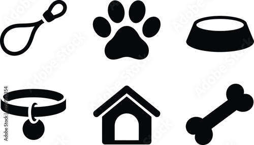 Set of six black pet including a leash, paw print, food bowl, collar, doghouse, and bone