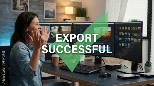Export successful video editor woman computer monitor video timeline post production editing software office modern workspace creative professional happy emotion success concept green checkmark