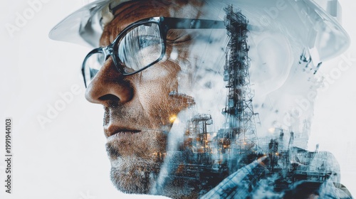 A man in a hard hat and glasses is superimposed with a smokestack and industrial plant, showing duality