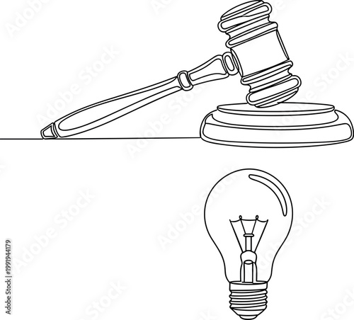 Judge Gavel and Light Bulb Continuous One Line Drawing Set for Intellectual Property Law, Legal Innovation, Patent Protection, and Justice System ConceptsJudge Gavel and Light Bulb Continuous One Line