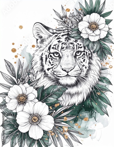 White tiger surrounded by flowers and leaves in a detailed drawing with soft colors on a plain background