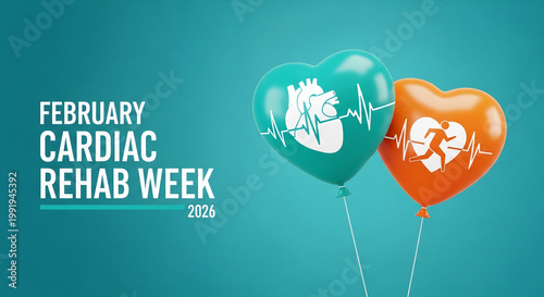 Two heart-shaped balloons, teal and orange, decorated with medical icons. Concept: promotion of cardiac rehabilitation, health awareness, care, and fitness