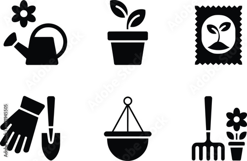 Set of six black gardening featuring watering can, potted plant, seed packet, and tools