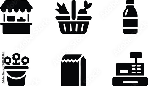 Set of six black glyph featuring market stall, grocery basket, bottle, flowers, and register