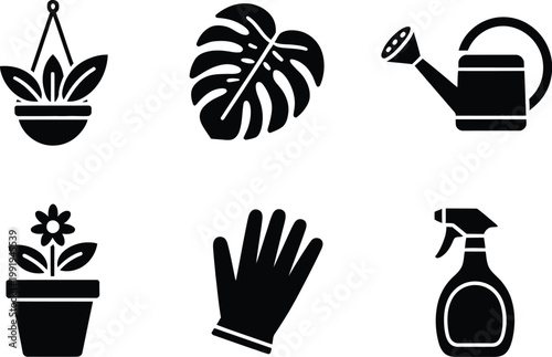 Set of six black gardening featuring plants, a watering can, a glove, and a spray bottle