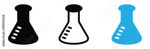 Three Erlenmeyer Flask Icons in Black, Outline, And Blue on White Background for Science and Laboratory Concepts