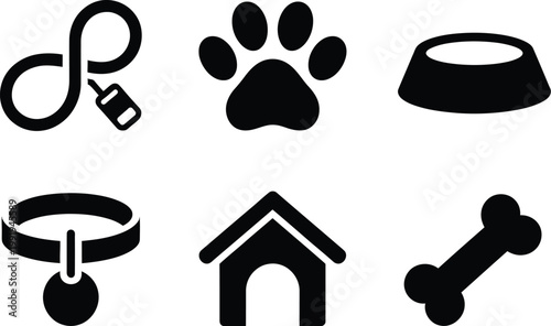 Set of six black pet including leash, paw print, food bowl, collar, dog house, and bone