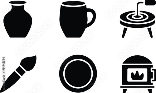 Set of six black pottery and ceramics including a vase, mug, wheel, brush, plate, and kiln