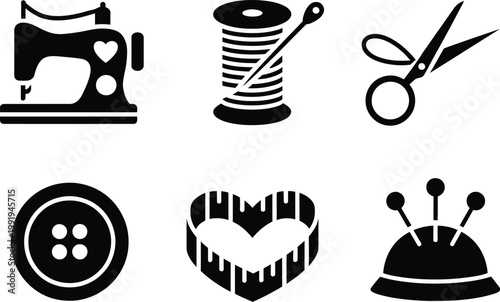 Sewing and tailoring set featuring a machine, thread spool, scissors, button, and pincushion