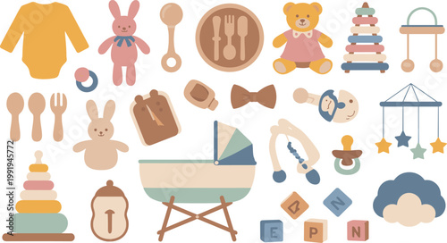 Baby Toys and Clothing Flat Design Elements infant