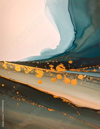 Colorful abstract art with blue and gold shades showing flowing patterns on canvas