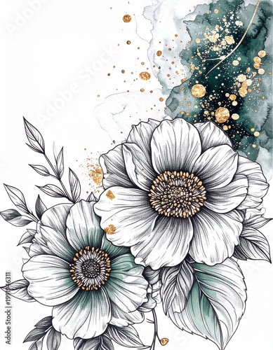 Flowers with black outlines and watercolor background showing splashes of green and gold in a simple design
