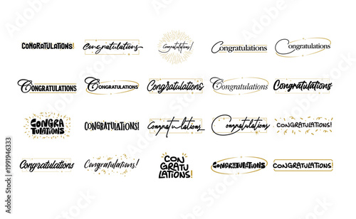 Congratulations banner lettering design bundle. Elegant, Fun and joyful typographic messages with confetti and gold frames.