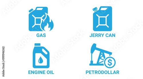 Vector graphic illustration of Petroleum industry icons set, gas, engine oil, jerry can, petrodollar symbols, blue vector illustration Vector