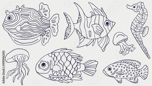 Tropical fishes hand drawn collection