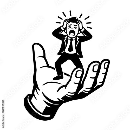 Stressed Businessman on Hand Illustration, Pressure Responsibility Anxiety Concept Line Art Vector Design