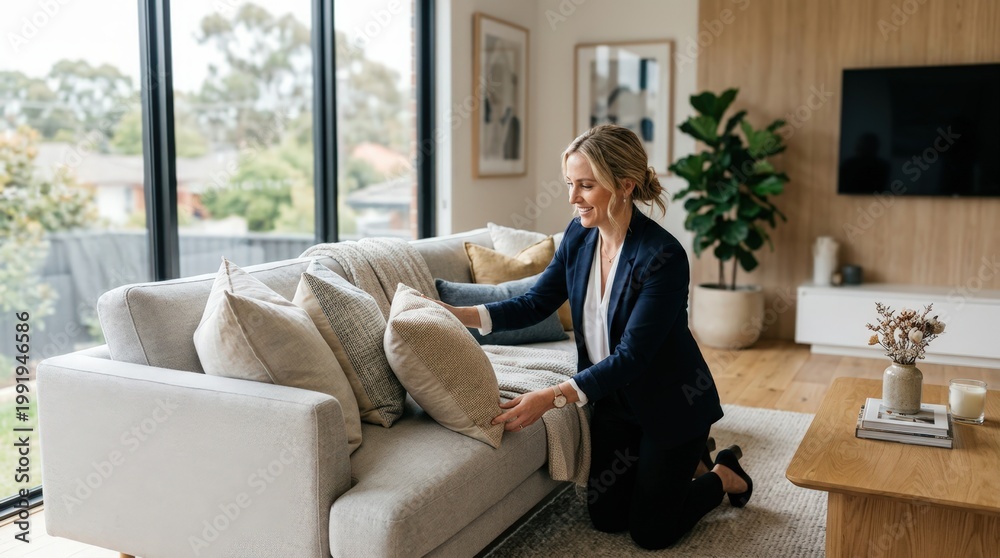 Fototapeta premium Real estate agent arranging decorative pillows on a sofa in a modern living room with soft background blur enhancing focus on furniture layout.