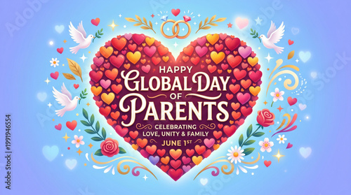 Colorful heart filled with love elements celebrating parents day message with floral decorative art and peaceful birds symbolizing care happiness for greeting use vector