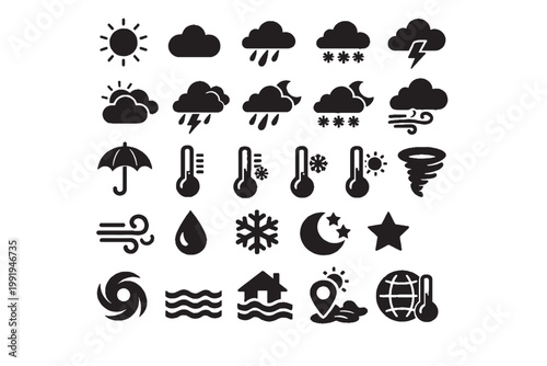 Weather Climate Solid Icon Set – Rain, Storm, Temperature Nature Symbols