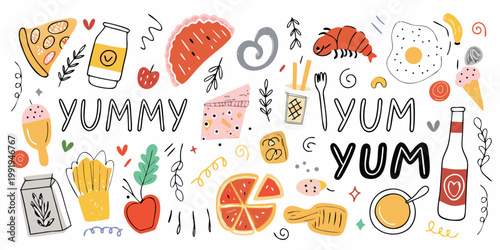 Colorful doodle illustration featuring various foods and the words yummy and yum