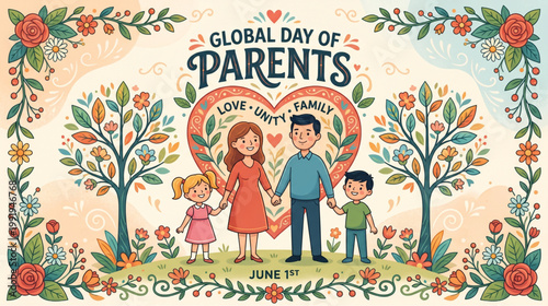 Celebration of parents day with happy family standing among floral trees and heart decoration expressing love unity and happiness for greeting card and festive branding vector