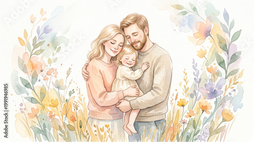 Soft watercolor family portrait with parents holding baby surrounded by floral elements expressing love care warmth emotional bonding for greeting card and branding use vector