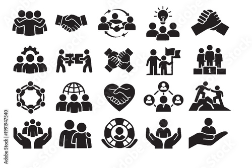 Teamwork & Community Solid Icon Set – Collaboration, People, Support & Communication Symbols