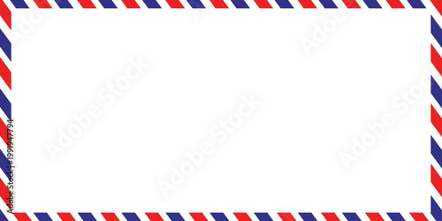 Airmail Envelope frame images with strips. International vintage letter border. Retro air mail postcard with blue and red stripes.  Empty classic postal frame. Vector illustration